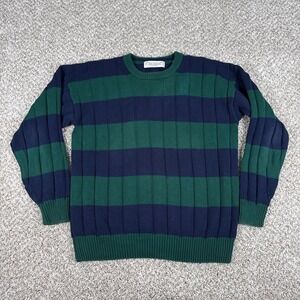 Vintage John Ashford Sweater Mens M Blue Green Striped Crewneck Ribbed Cotton
